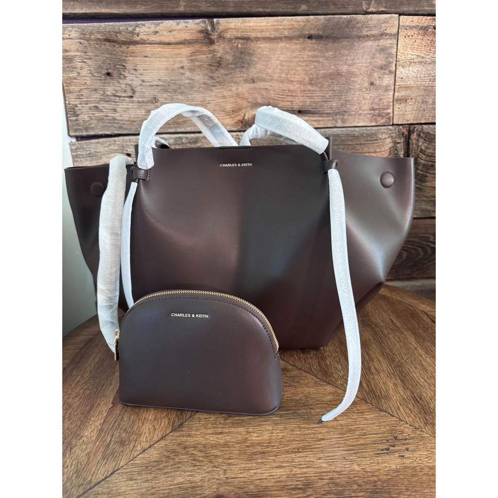 Charles & Keith Dark Brown Tote Bag with Matching Pouch Set Gold Logo Hardware